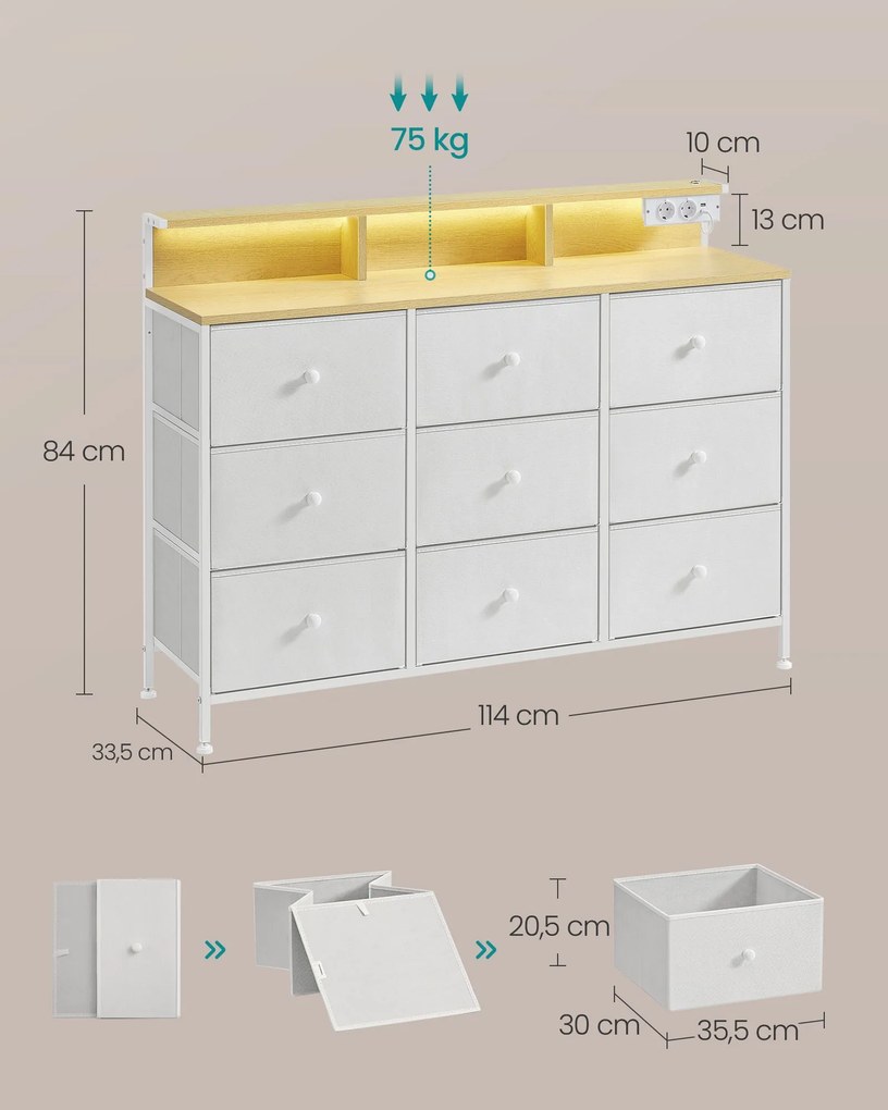Cómoda com iluminação LED e 9 gavetas 33,5 x 114 x 84 cm branco nuvem