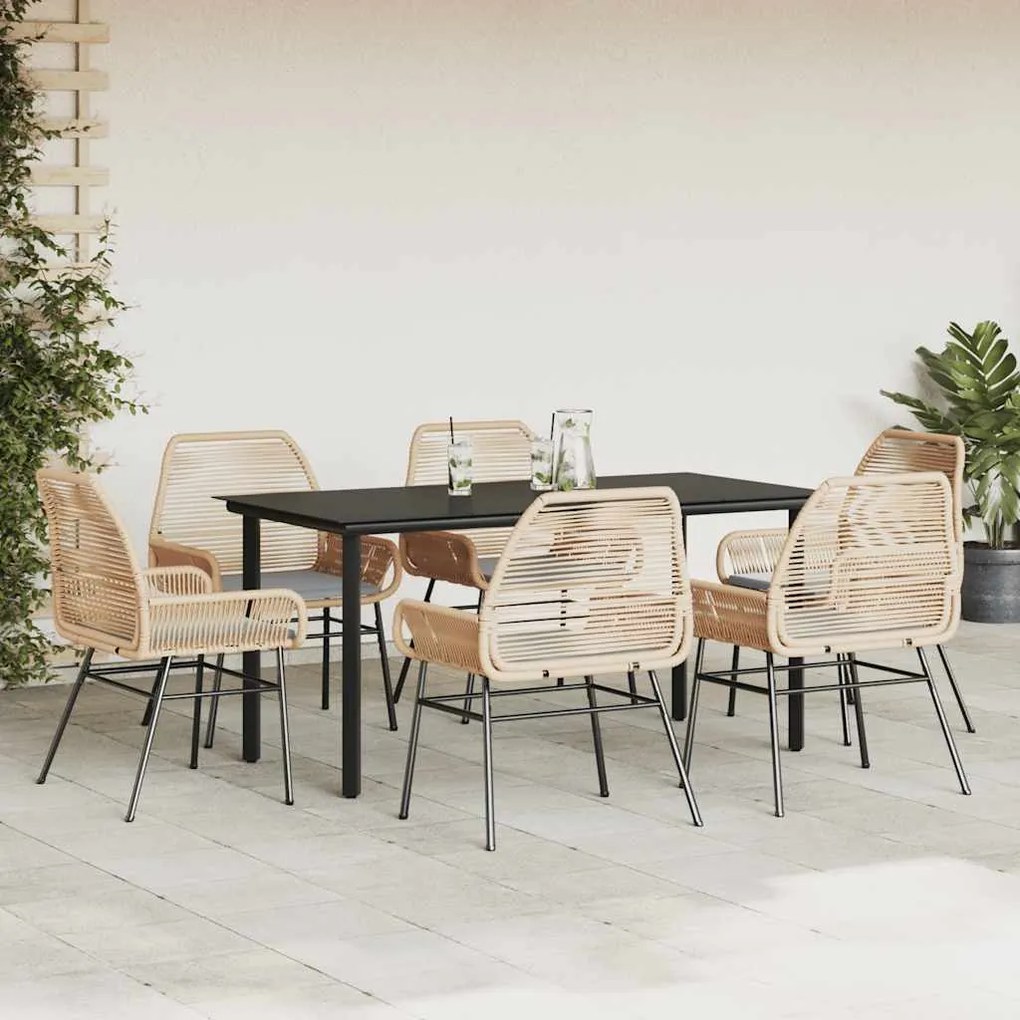 Conjunto jantar jardim 7 peças almofadas vidro vime PE castanho