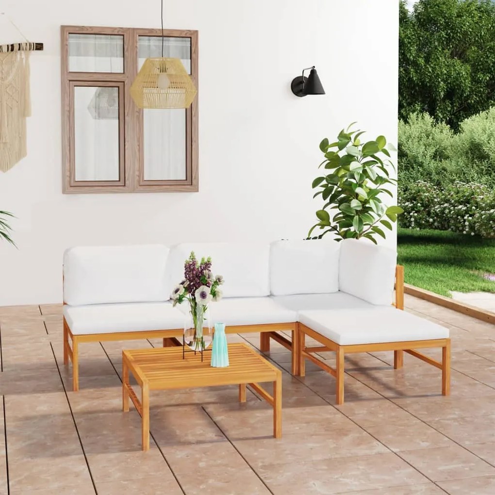 vidaXL 5 pcs conj. lounge de jardim + almofadões cor creme teca maciça