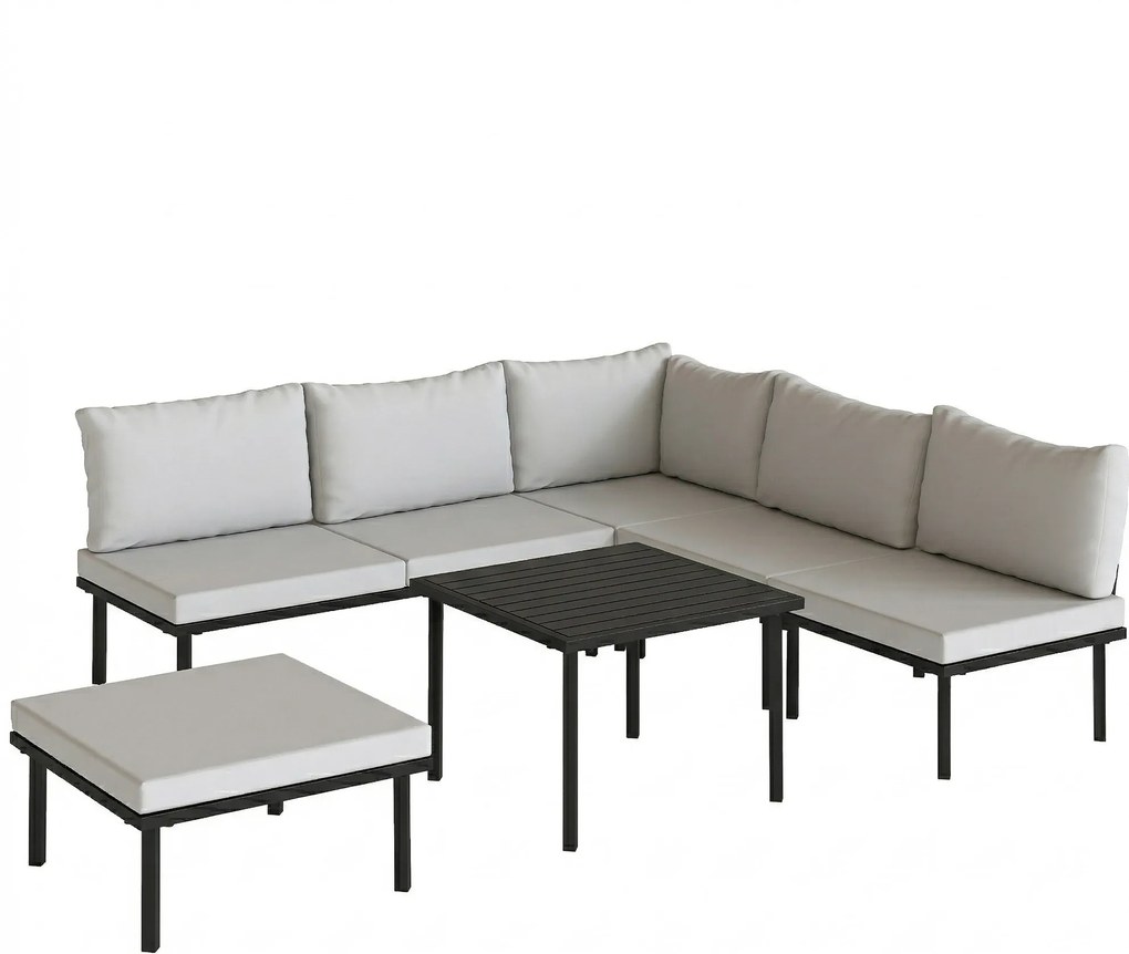 Outsunny Conjunto Lounge para Jardim 5-6 Pessoas Conjunto com Sofá 2 Lugares 2 Cadeiras Canto Mesa em Ripas Puff | Aosom Portugal