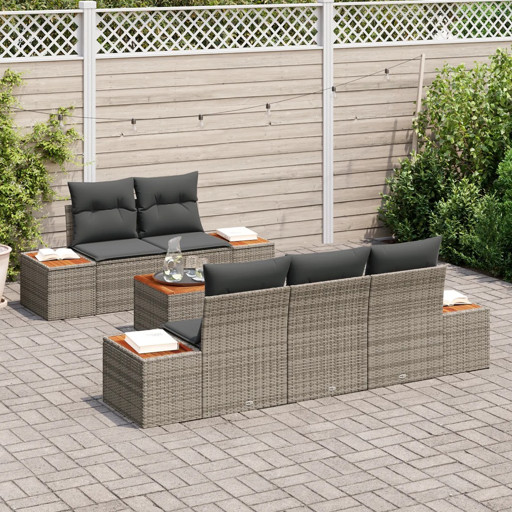Conjunto de Sofá de Jardim de 6 Peças com Almofadas Cinzento Rattan Po