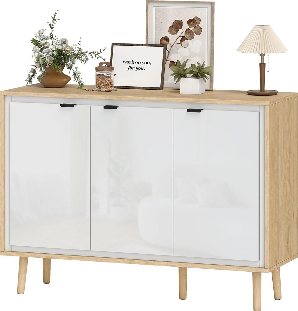 Aparador, móvel de arrumação com 3 portas 107 x 35 x 77 cm, prateleiras ajustáveis, , branco e cor carvalho