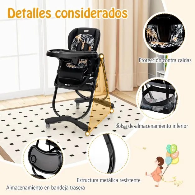 Cadeira alta dobrável refeição para bebés com rodas giratórias, 7 alturas ajustáveis, apoio para os pés, encosto, apoio para os pés e encosto em preto