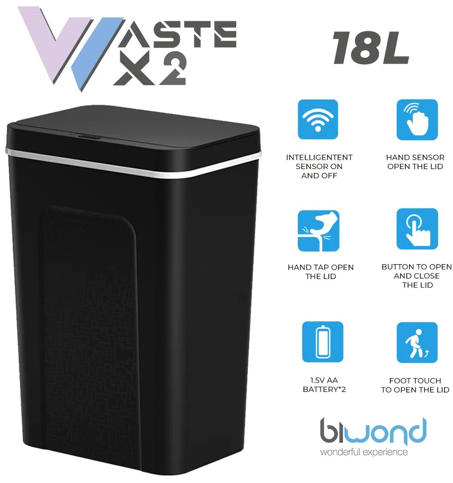 Caixote Lixo Inteligente com Sensor 18L Preto Biwond