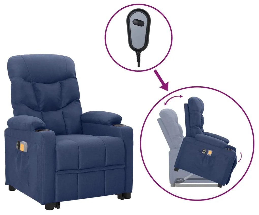 vidaXL Poltrona elevatória de massagens tecido azul