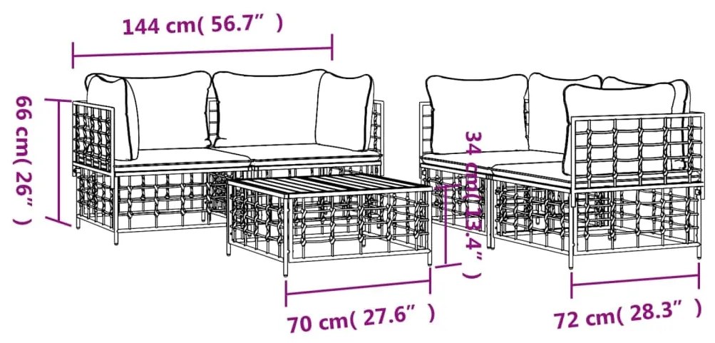 5 pcs conjunto lounge de jardim c/ almofadões vime PE antracite