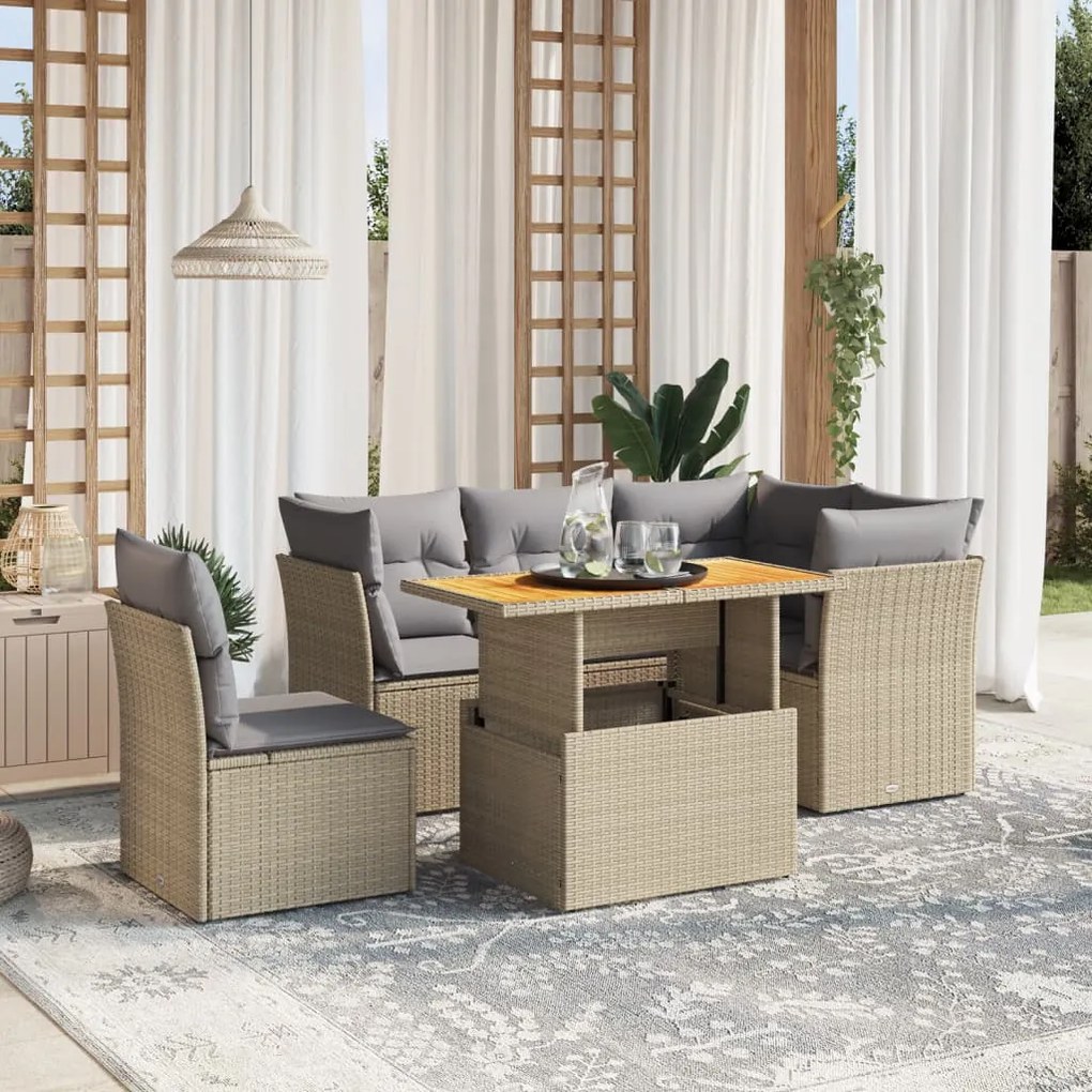 5 pcs conjunto de sofás p/ jardim com almofadões vime PE bege