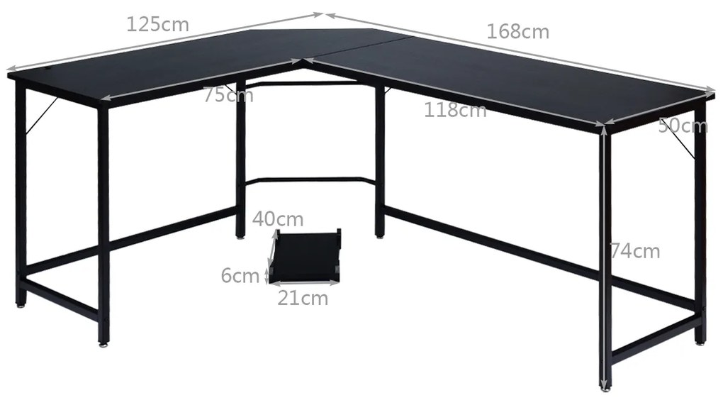 Costway Escritorio Esquinero para Ordenador en Hogar Oficina Mesa de Ordenador en Forma de L 168 x 125 x 74 cm Negro