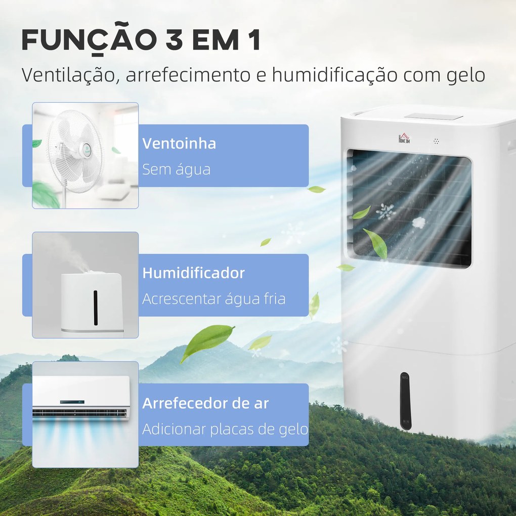 HOMCOM Climatizador de Ar Portátil Silencioso Climatizador Móvel 65W Humidificador Ventoinha com Ecrã LED Controlo Remoto Temporizador Oscilação 3 Velocidades 3 Modos 32x37x74 cm Branco