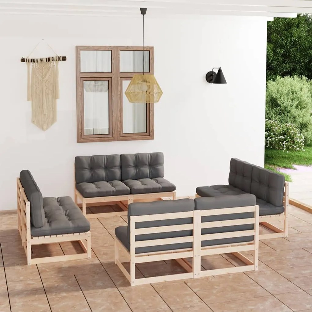 vidaXL 8 pcs conjunto lounge de jardim c/ almofadões pinho maciço