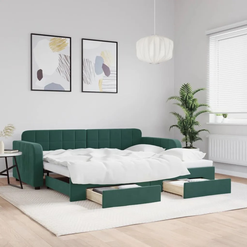 vidaXL Sofá-cama c/ gavetão e gavetas 90x200 cm veludo verde-escuro