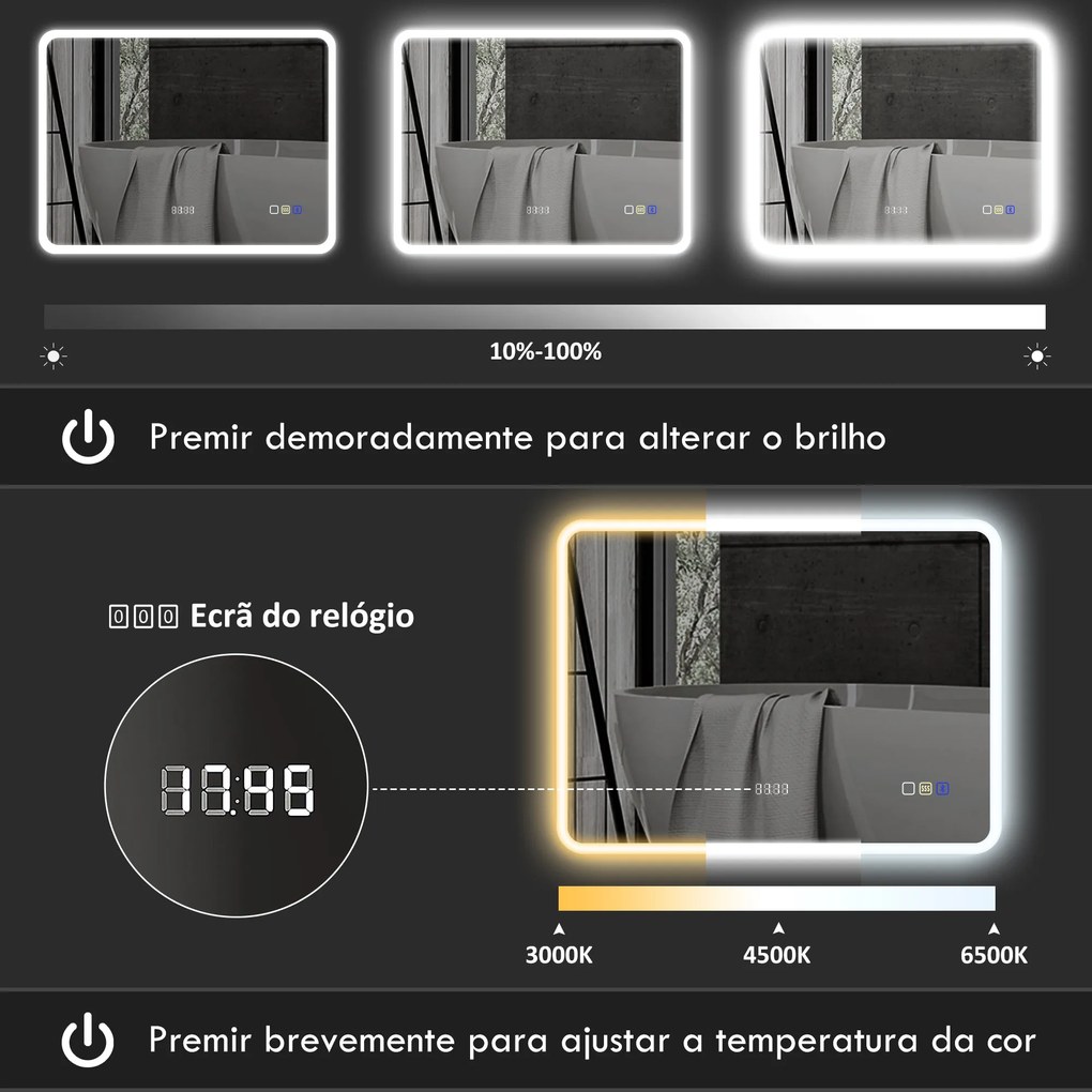 Espelho de Casa de Banho com Luz LED 80x60 cm Bluetooth 3 Cores de Luz Relógio Digital Função Antiembaciamento Função de Memória Prata