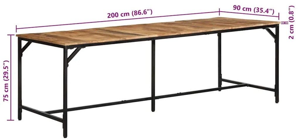 Mesa de jantar 220x90x75 cm madeira de mangueira maciça áspera
