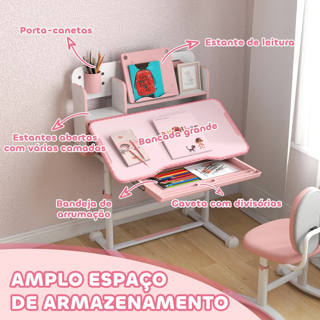 Conjunto de Secretária e Cadeira para Crianças Secretária Infantil Altura Ajustável 80x55x107,5 cm Rosa