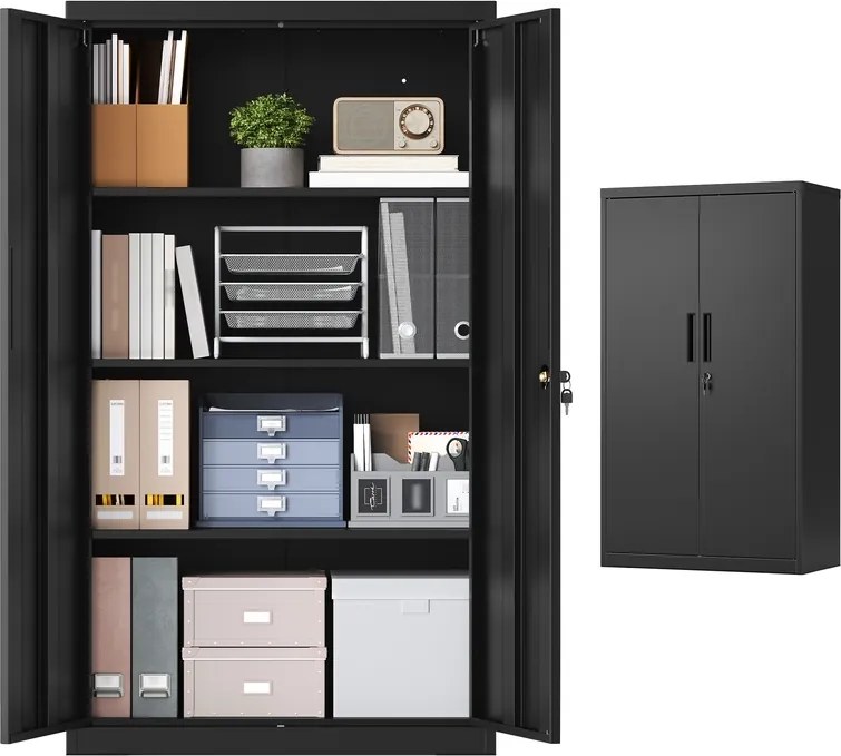 Armário de arquivo escritório com fechadura 80 x 40 x 140 cm, 3 prateleiras ajustáveis, preto mate