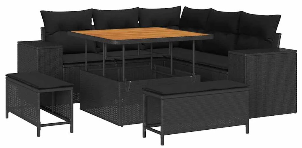 Conjunto de Sofá de Jardim com 8 Peças , Almofadas Rattan Preto, Polié