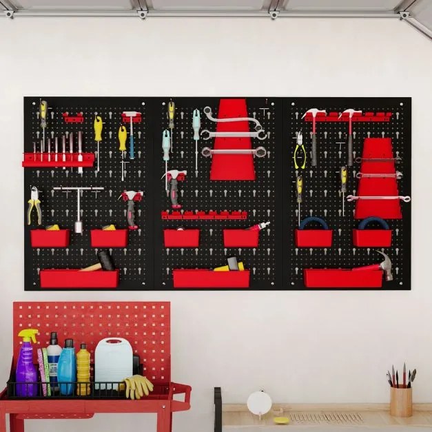 Organizador de parede ferramentas (Não incluidas) 120 x 60 x 2 cm com painel perfurado com 9 recipientes Suportes para martelos Preto e vermelho