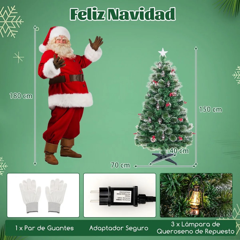 Árvore de Natal artificial de 150 cm com 8 modos de iluminação 49 luzes LED quentes Fibra ótica Agulhas de pinheiro Pinhas Bagas vermelhas