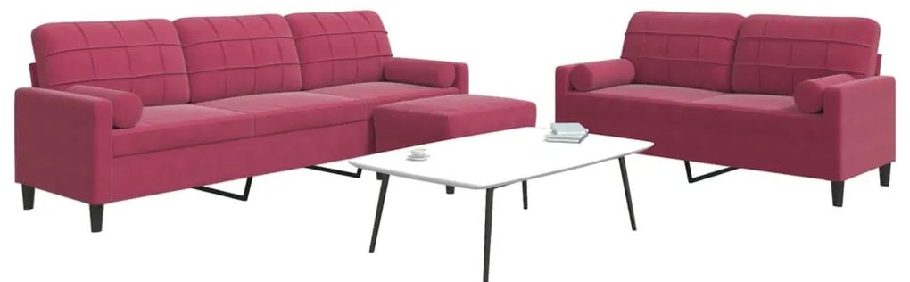 3pcs conjunto sofás c/ almofadões e rolos veludo vermelho tinto