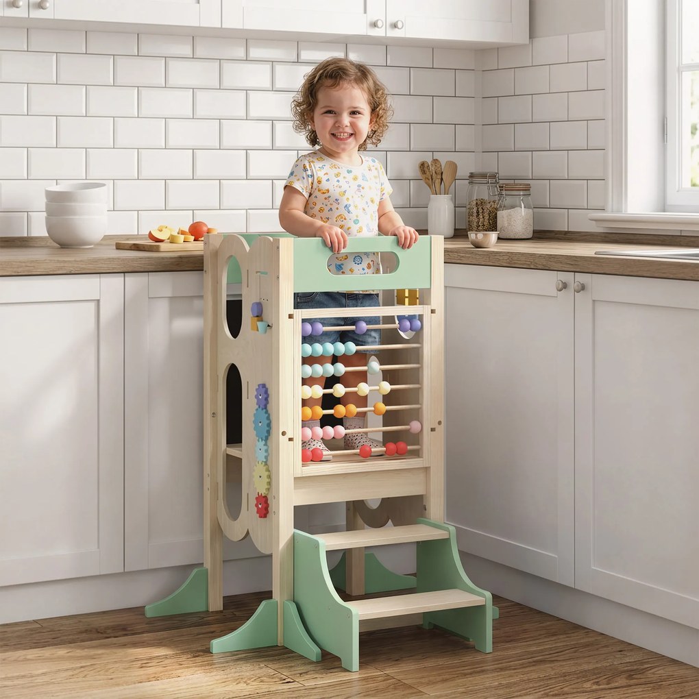 Torre de Aprendizagem Infantil Montessori 6 em 1 com Quadro Banco de Cozinha para Crianças dos 2 aos 6 Anos Verde
