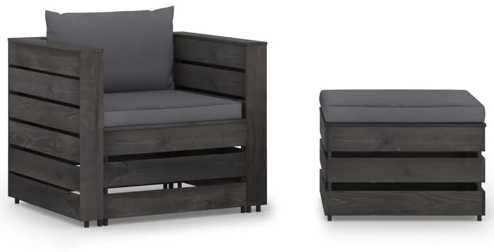 2 pcs conj. lounge jardim + almofadões madeira impreg. cinzento