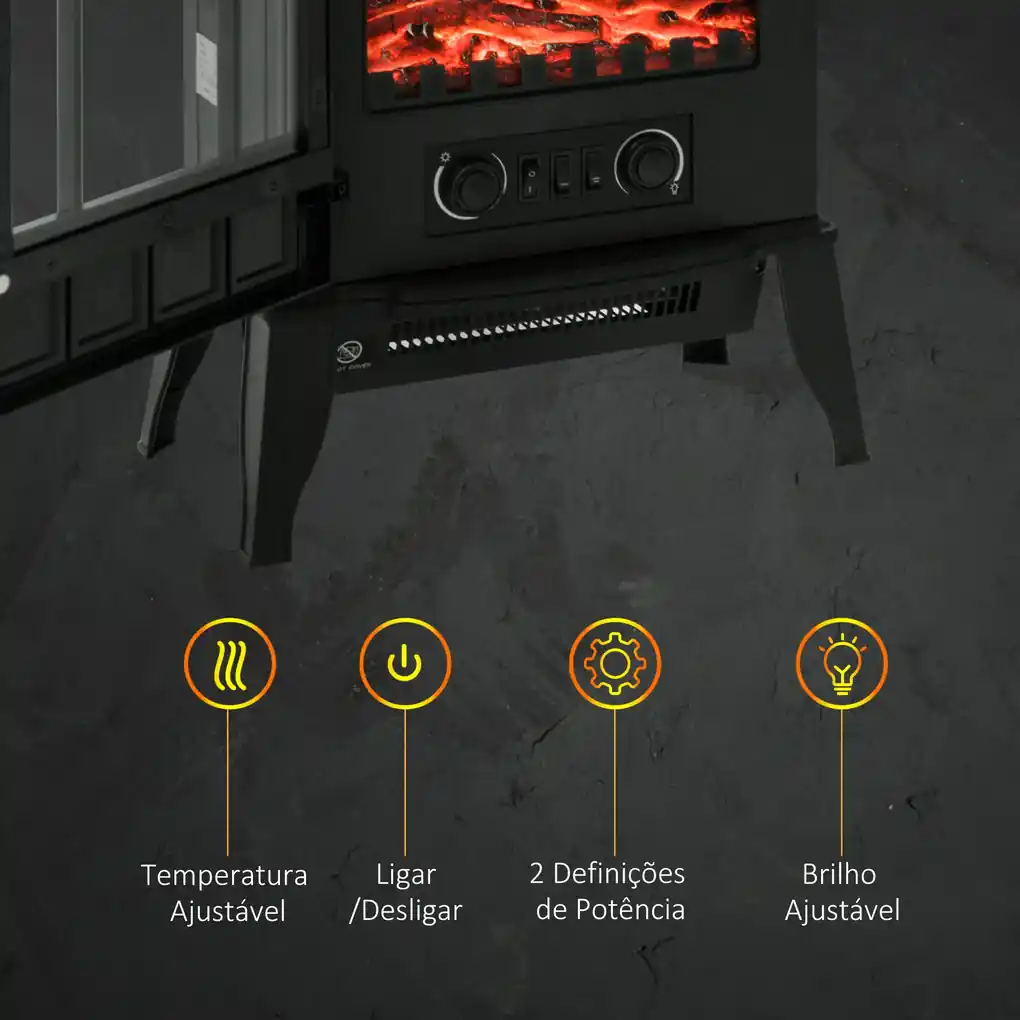 Lareira Eléctrica com Aquecimento e chama LED decorativa- Aço Inoxidável-  Cor: Preto- 65 x 11,4 x 52 cm