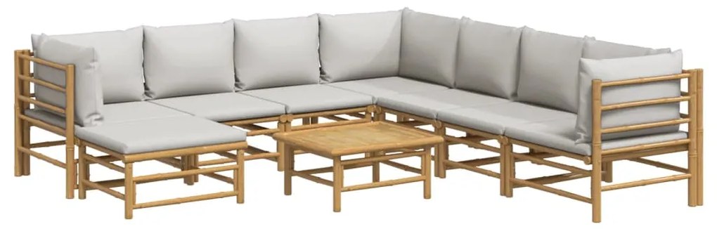 9 pcs conj. lounge de jardim bambu c/ almofadões cinzento-claro