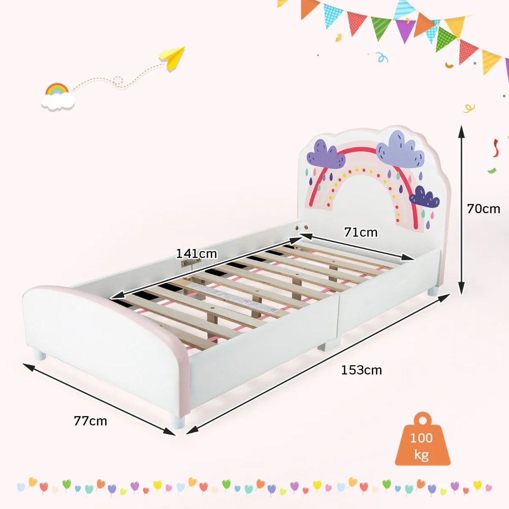 Armação de cama para crianças Arco-íris Temático Armação de cama de cabeceira e tábua de pés Réguas de madeira 153 x 77 x 70 cm Branco