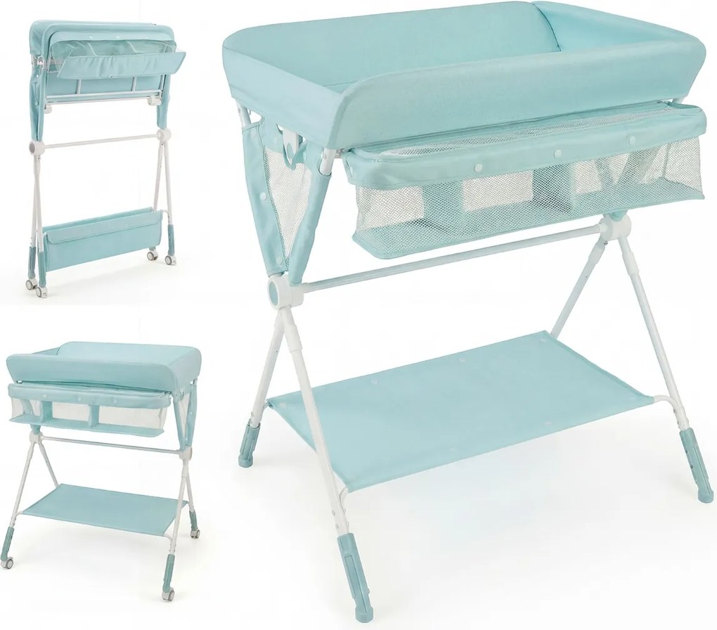 Mesa Trocador fraldas para Bebés Portátil e Dobrável Altura Ajustável 3 Níveis Organizador Móvel com Cesto Prateleira Rodas e Travão turquesa