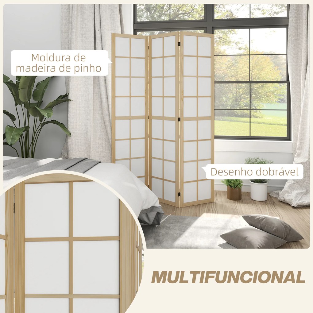 Biombo Dobrável de 3 Painéis Separador de Ambientes de Interior para Sala de Estar Dormitório e Escritório 120x170 cm Madeira e Branco