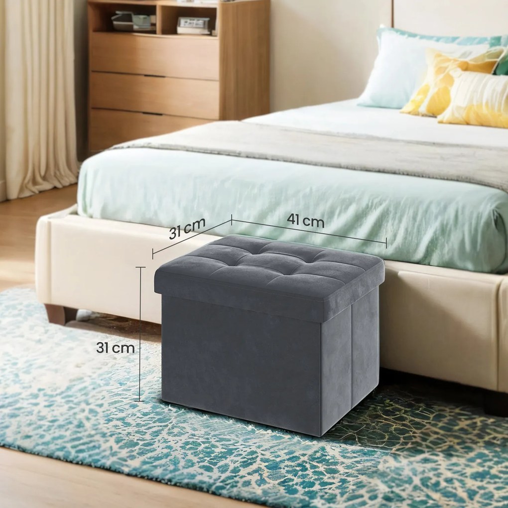 Banco com espaço de arrumação em veludo 31 x 41 x 31 cm cinza escuro
