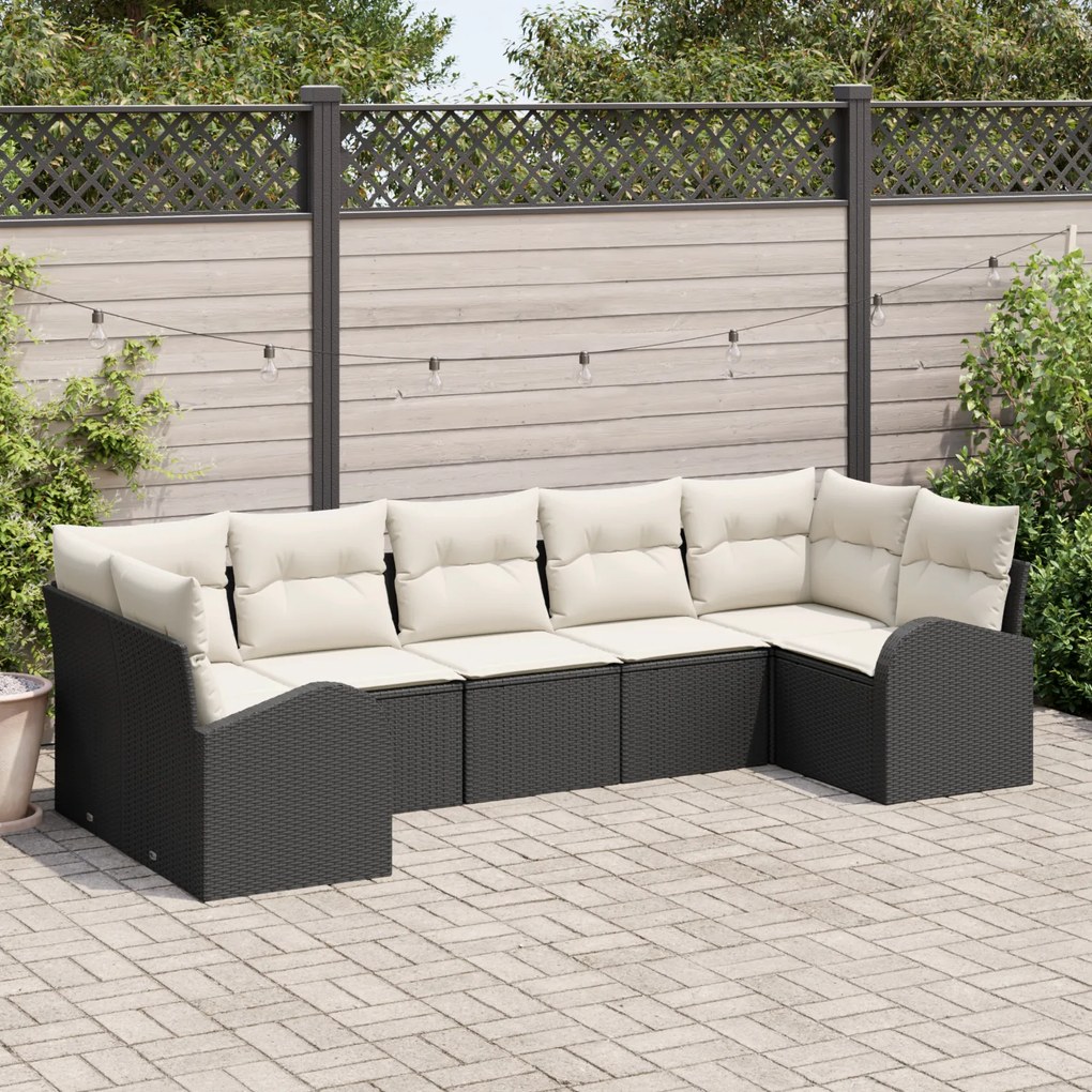 Conjunto de Sofá de Jardim vidaXL 7 Peças com Almofadas Preto Rattan d