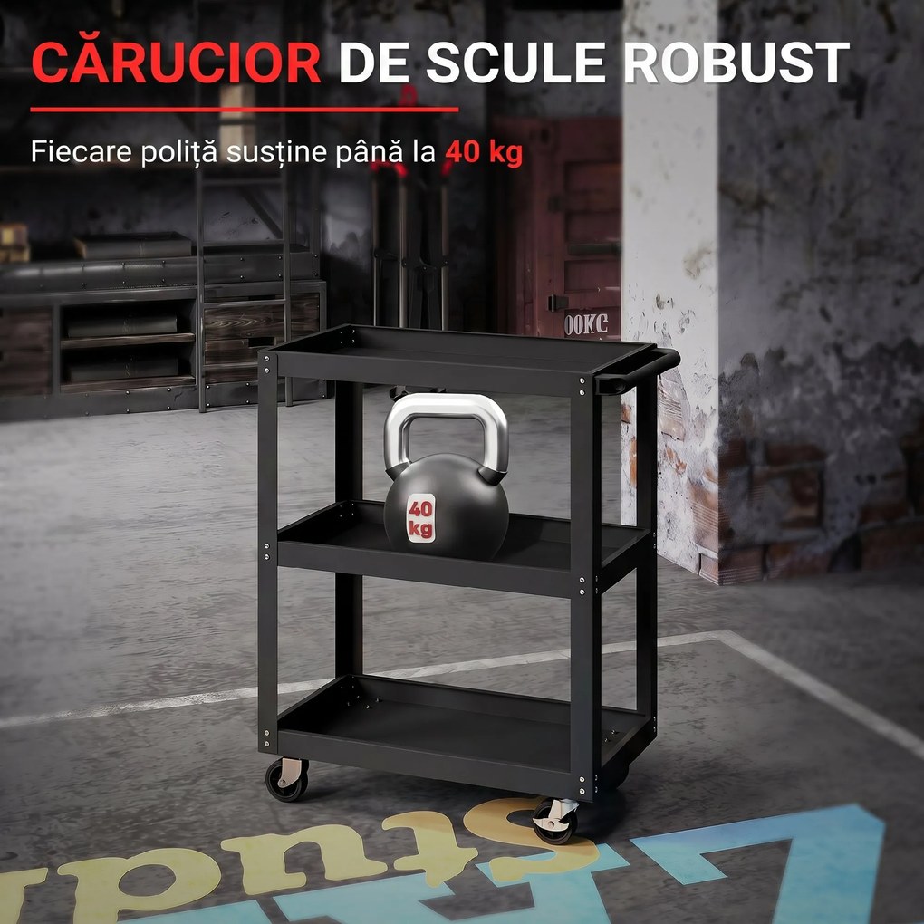 Carrinho de oficina com 3 prateleiras 70,5 x 35 x 82,5 cm, pega lateral e rodas bloqueáveis, preto
