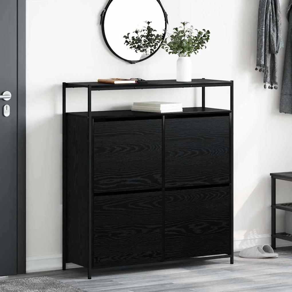 Gabinete de Sapatos com 4 Gavetas Basculantes Carvalho Preto 100x34x11