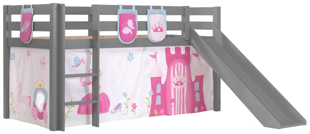Conjunto Cama alta de Criança PINO 90 x 200 cm + estrado + escada + escorrega + cortina + bolsas de arrumação Princesa Cinzenta