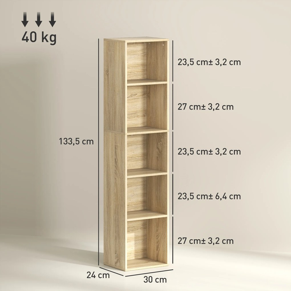 Estante de arrumação com 5 prateleiras ajustáveis para sala, quarto ou escritório, 30 x 24 x 133,5 cm, natural