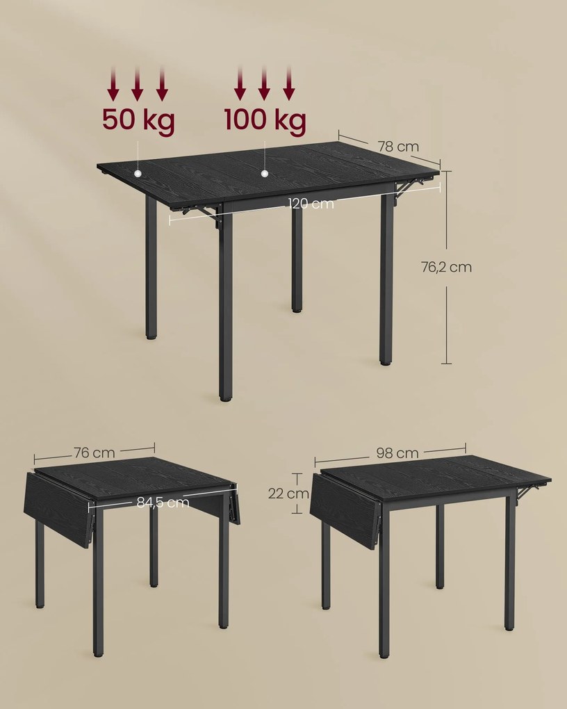 Mesa de jantar dobrável para 2-4 pessoas 78 x 120 x 76,2 cm Preto