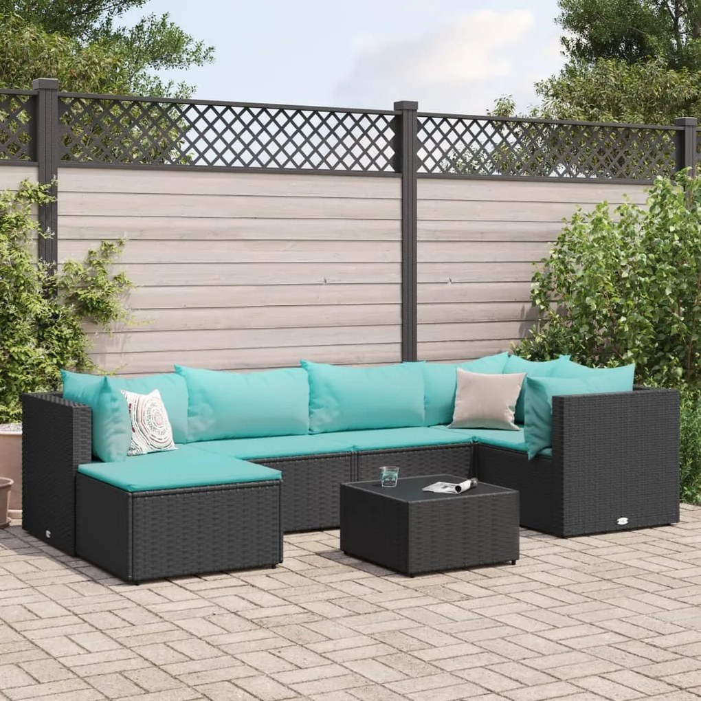 7 pcs conjunto lounge de jardim c/ almofadões vime PE preto