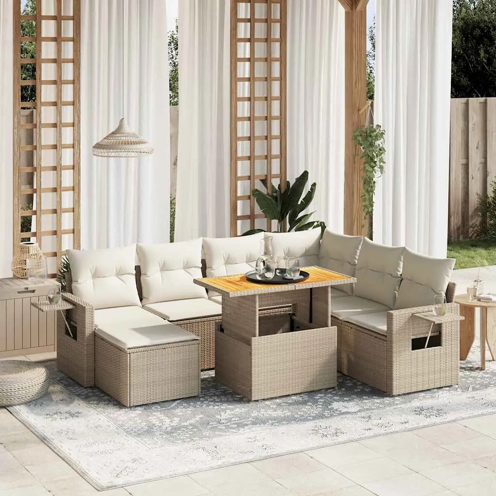 8 pcs conjunto de sofás p/ jardim com almofadões vime PE bege