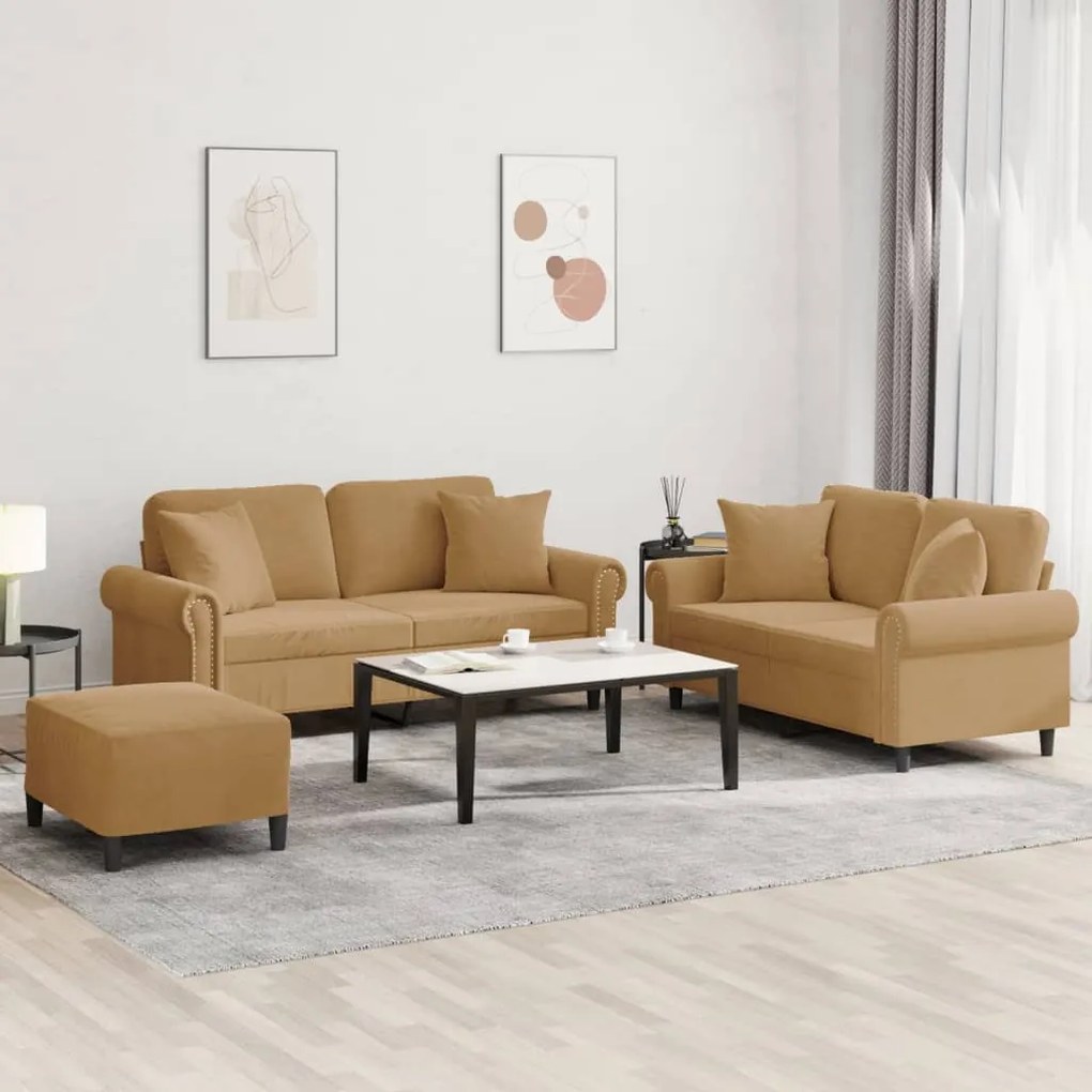 3 pcs conjunto de sofás com almofadas veludo castanho