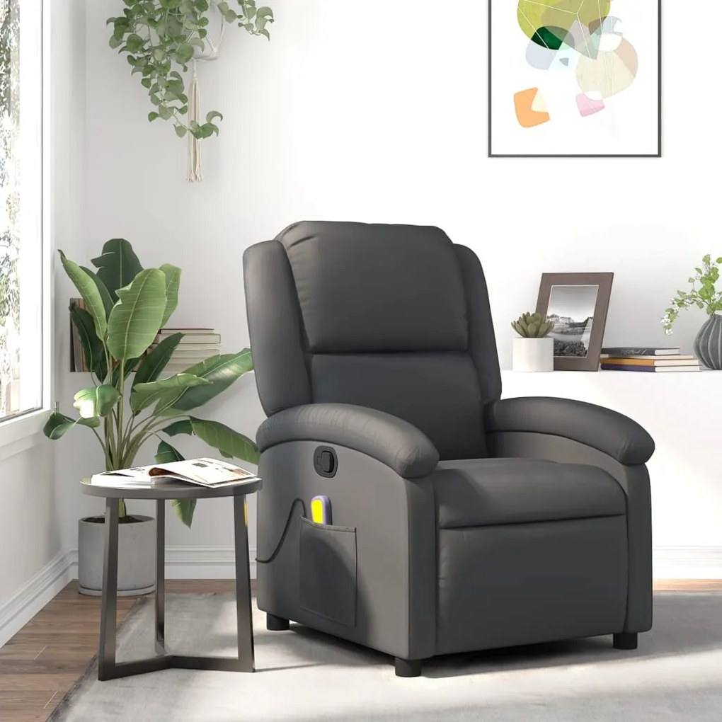 vidaXL Poltrona de massagens reclinável couro genuíno cinzento