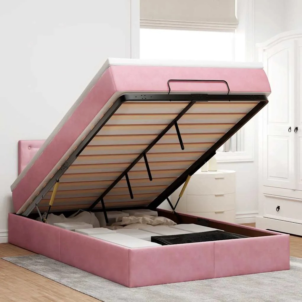 Estrutura de cama otomana com colchão 120x200 cm veludo rosa