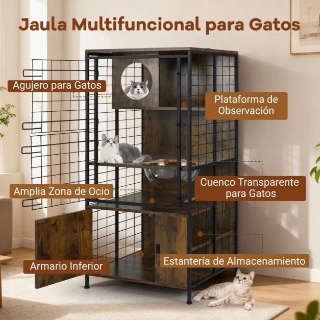 Gaiola moderna para gatos 60 x 60 x 125 cm com torre multinível com estrutura metálica Orifícios Porta com fechadura Almofadas ajustáveis Castanho