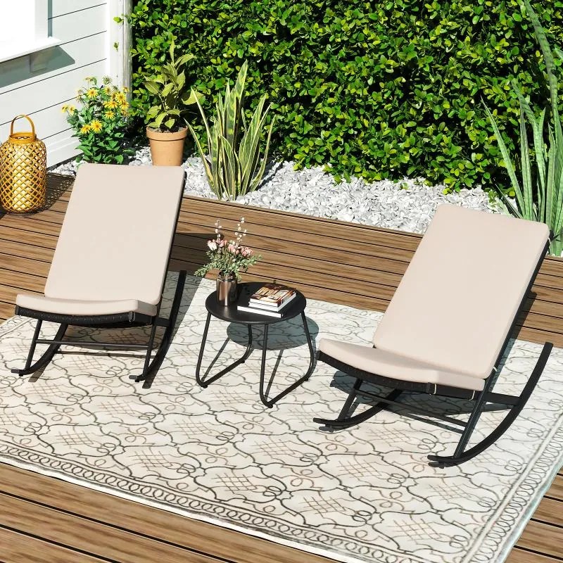 Conjunto de Baloiços jardim  de 3 peças com 2 cadeiras de baloiço em rattan PE com almofadas e 1 mesa preto e Bege
