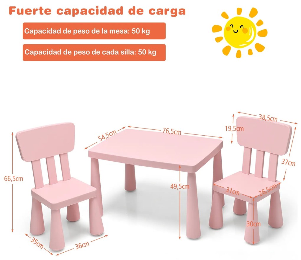 Conjunto com Mesa e 2 Cadeiras para Crianças Comer Desenho Escrita e Artesanato 76,5 x 54,5 x 49,5 cm Rosa