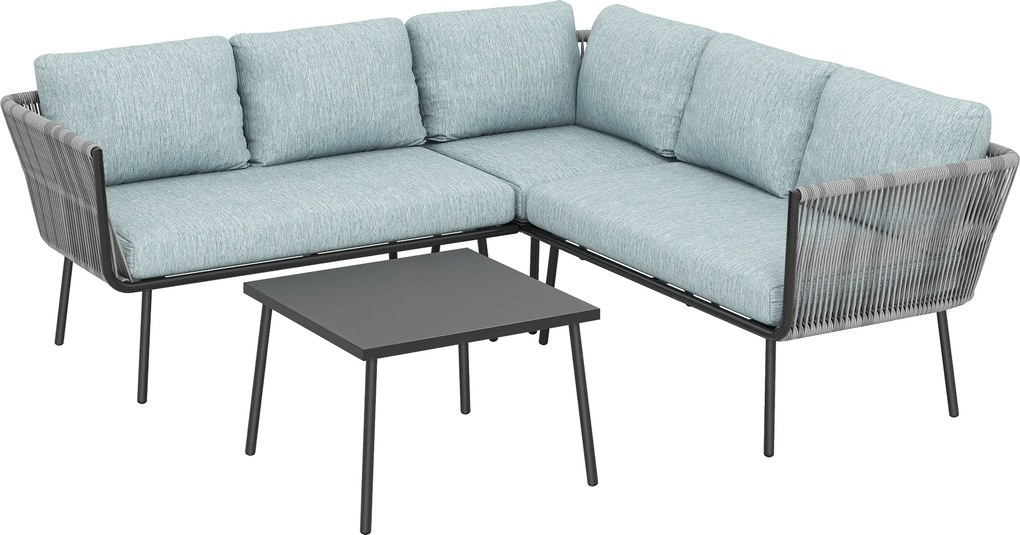 Outsunny Conjunto de Móveis de Jardim em Ratã Sofá de Canto com Almofadas e Mesa de Centro para Terraço Exterior Azul Claro | Aosom Portugal