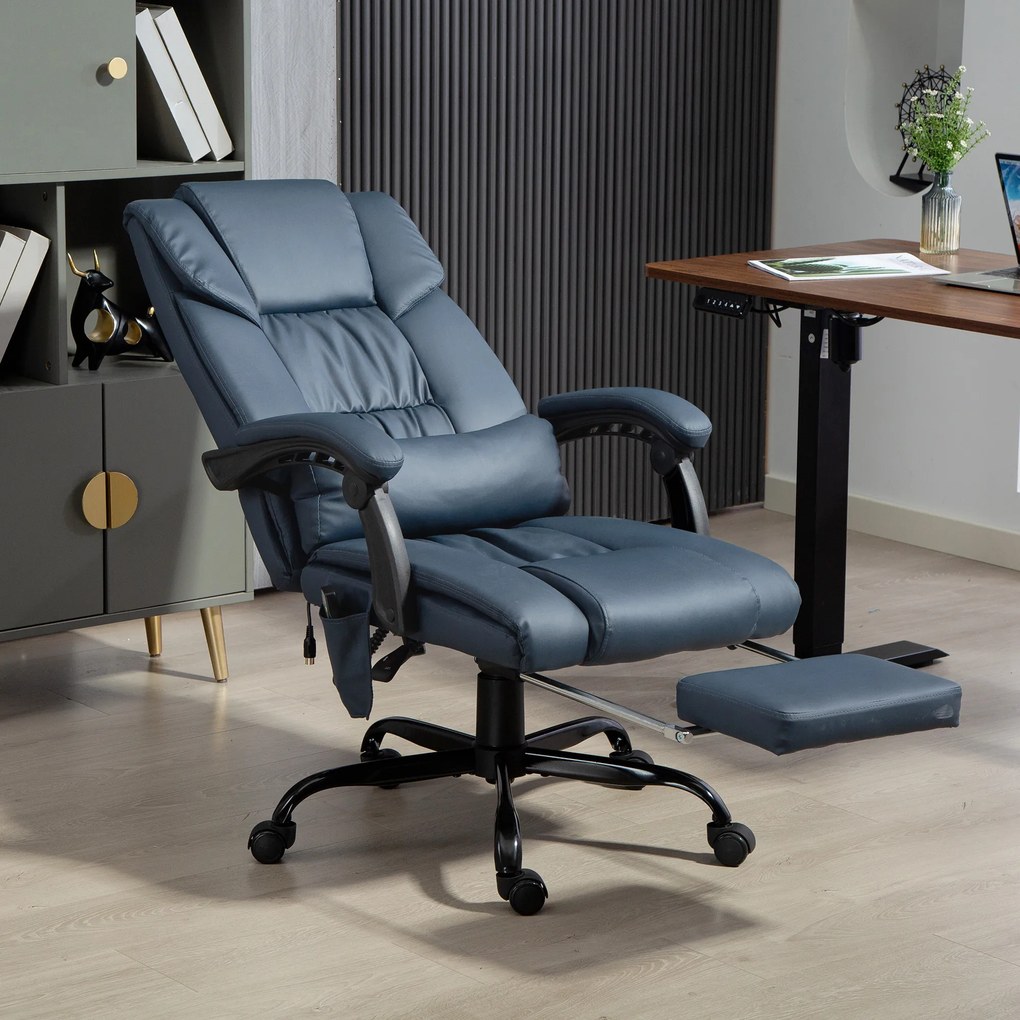 Cadeira de escritório com função de massagem, apoio para os pés, altura ajustável, encosto reclinável, comando com fio, 66 x 75 x 122 cm, azul
