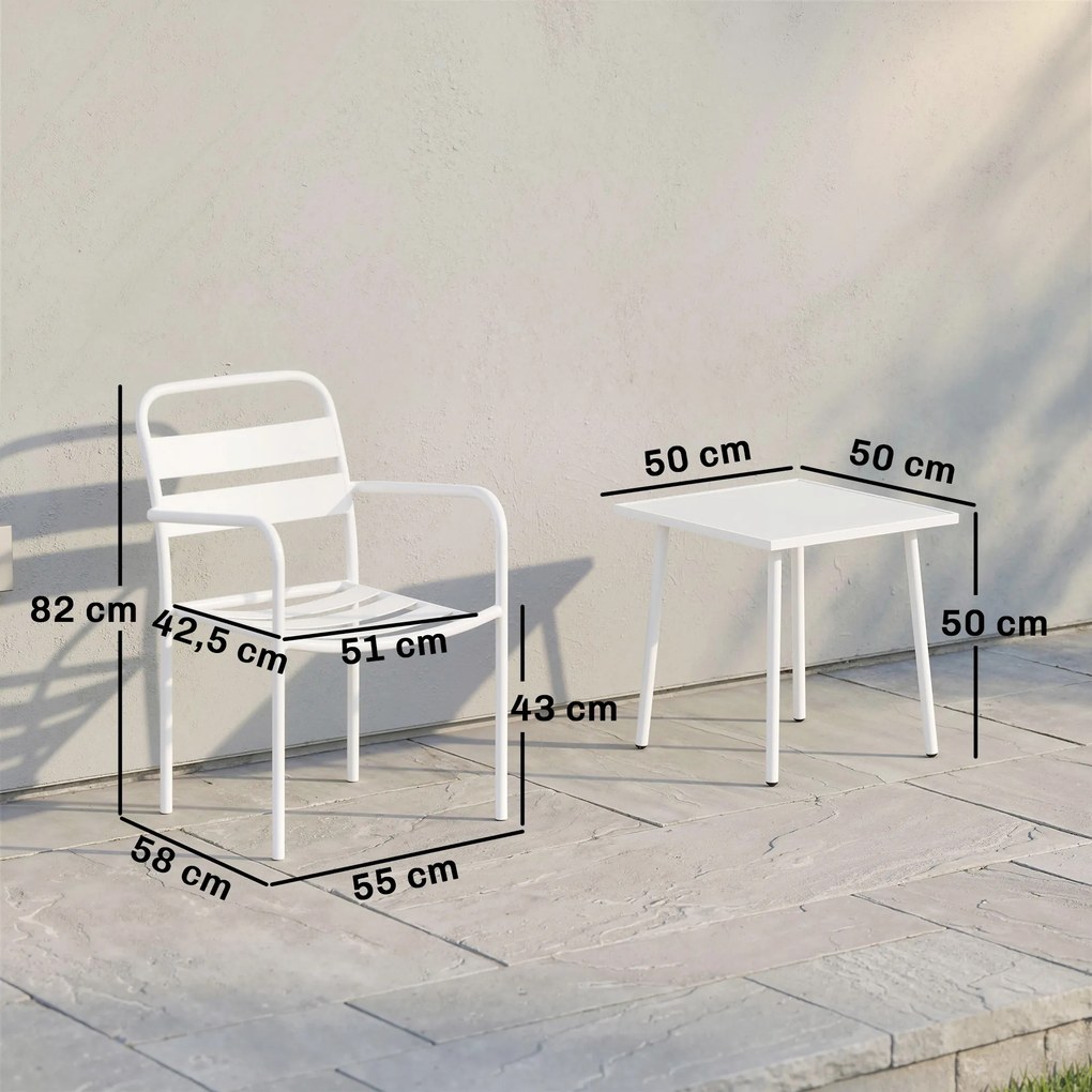 Conjunto de Jardim com 3 Peças em Aço Galvanizado com 2 Cadeiras e Mesa de Vidro Temperado Branco