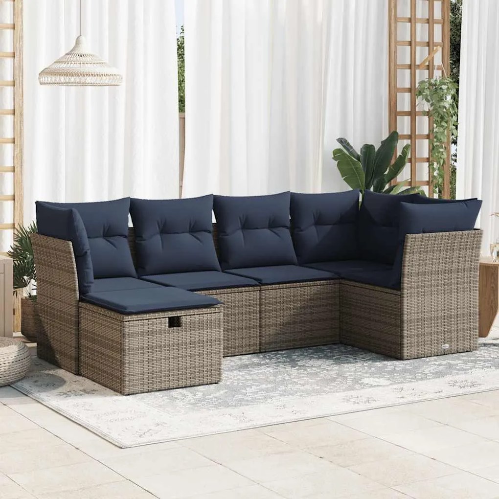 6 pcs conjunto sofás de jardim com almofadões vime cinzento