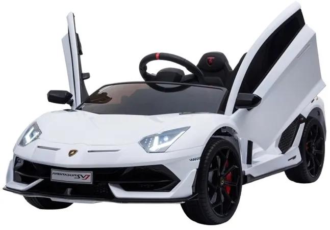 Lamborghini Aventador Carro elétrico para crianças 12v, módulo de música, assento de couro, pneus de borracha EVA Branco